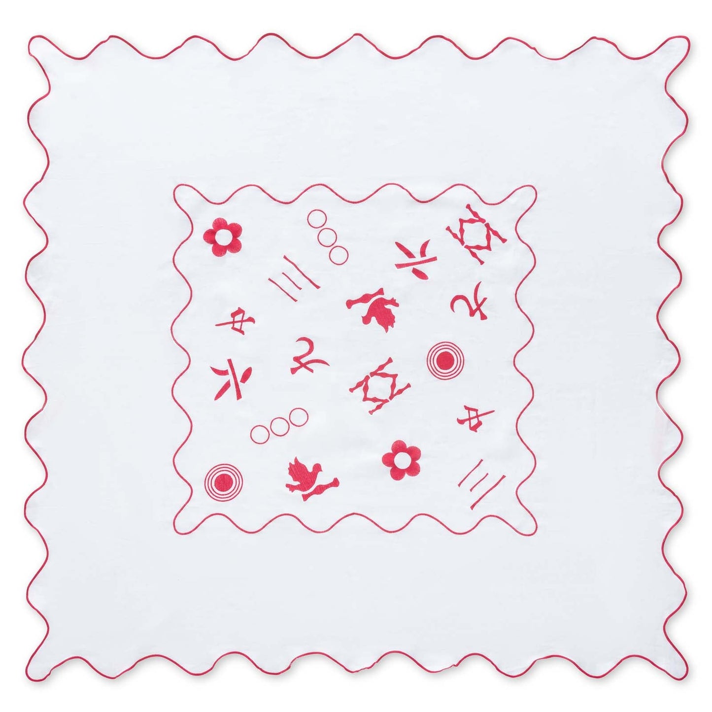 Pink & white 100% linen embroidered tablecloth that is Mahjong themed, scalloped edges