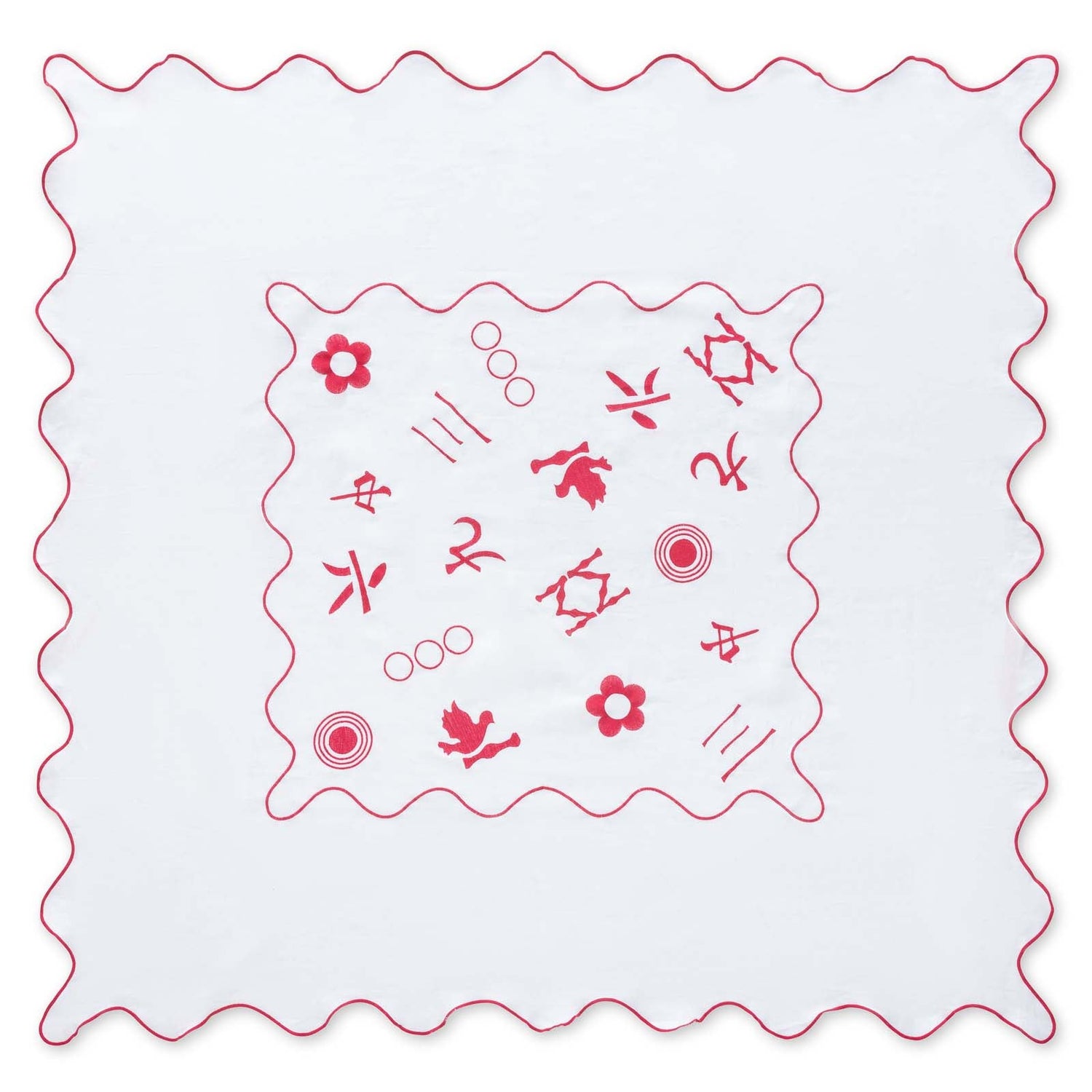 Pink & white 100% linen embroidered tablecloth that is Mahjong themed, scalloped edges