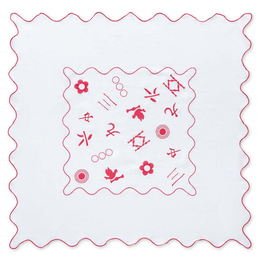 Pink & white 100% linen embroidered tablecloth that is Mahjong themed, scalloped edges