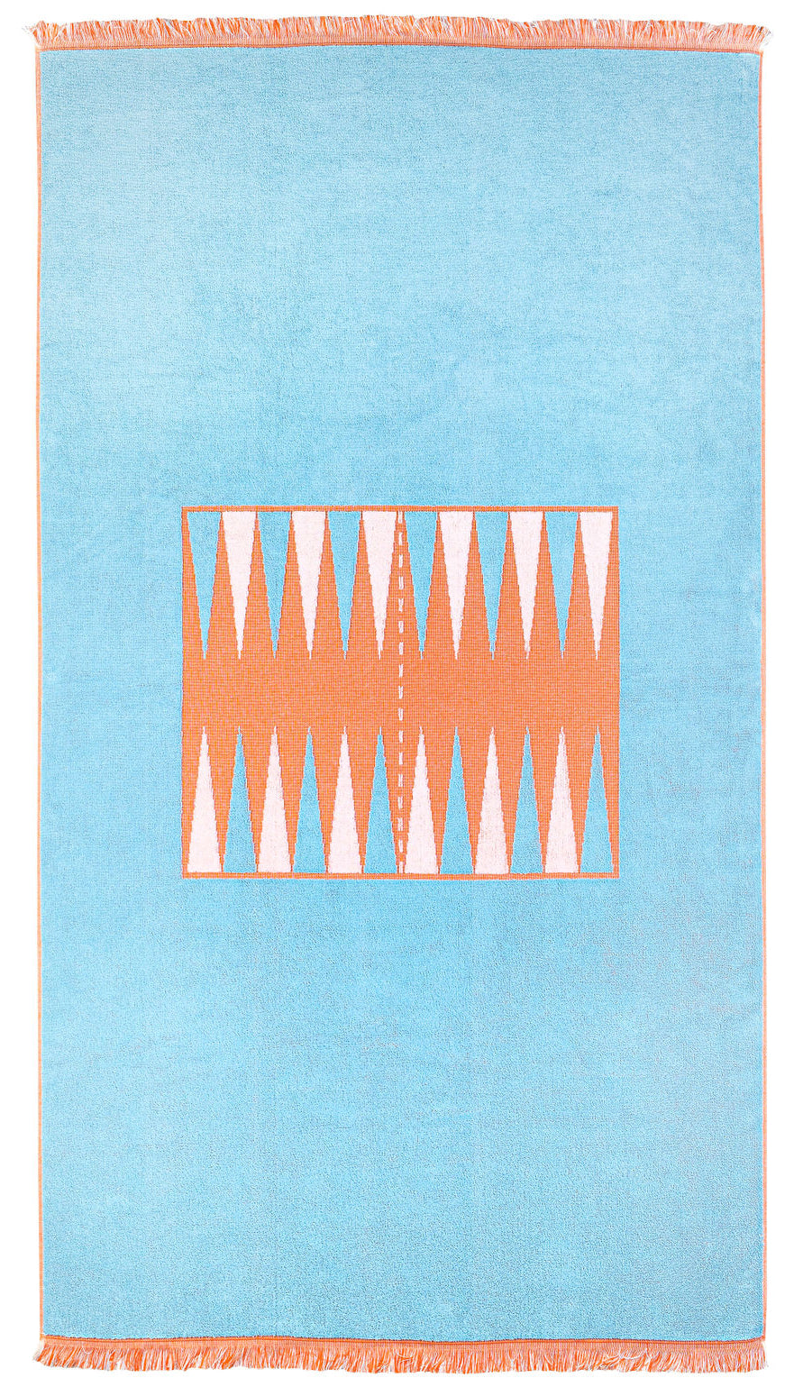 Full head on photograph of The Beach Board, blue and orange backgammon board woven into thick terry cloth with fringe border
