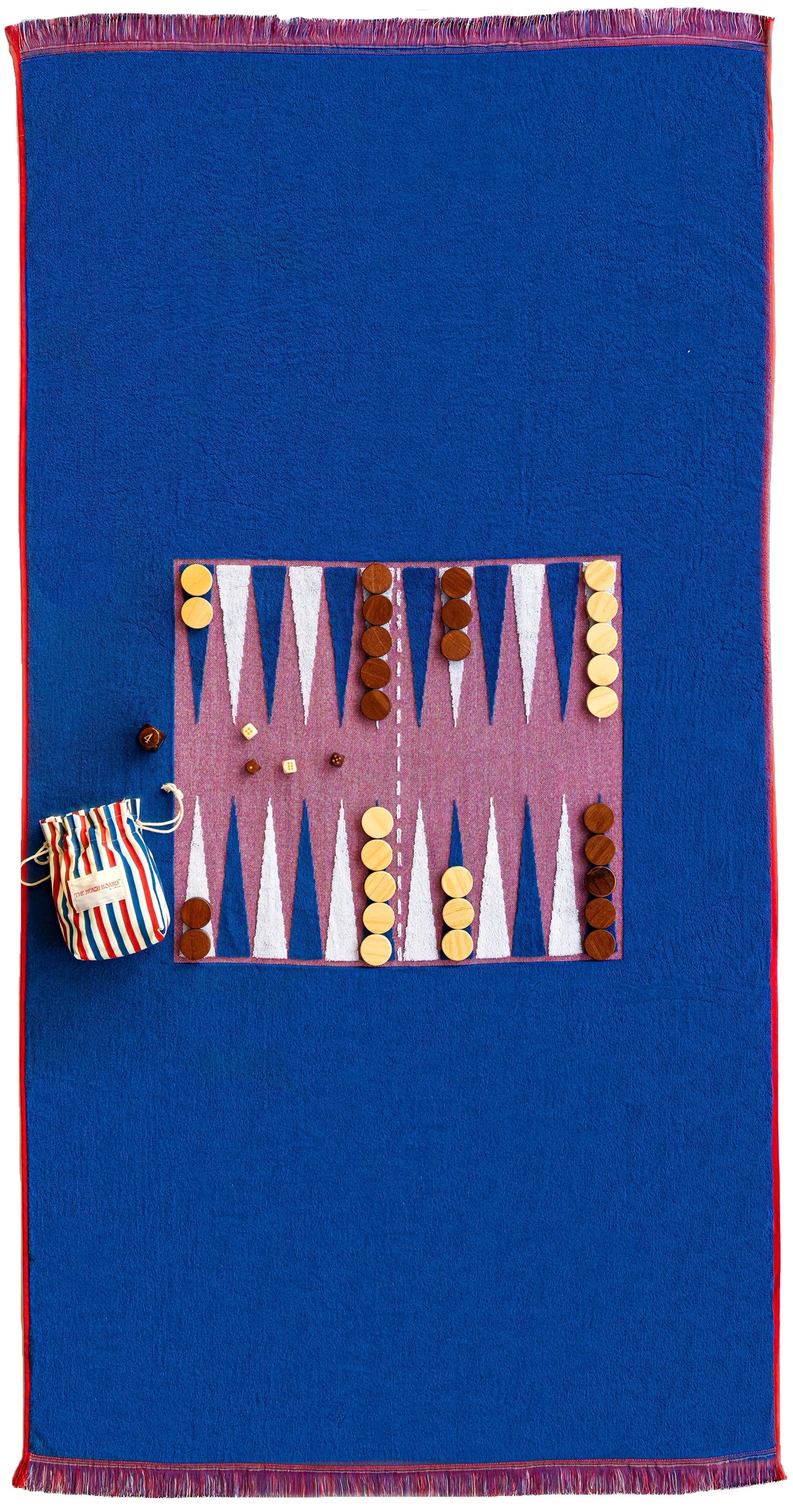 The Beach Board set for a game of backgammon - red white and blue