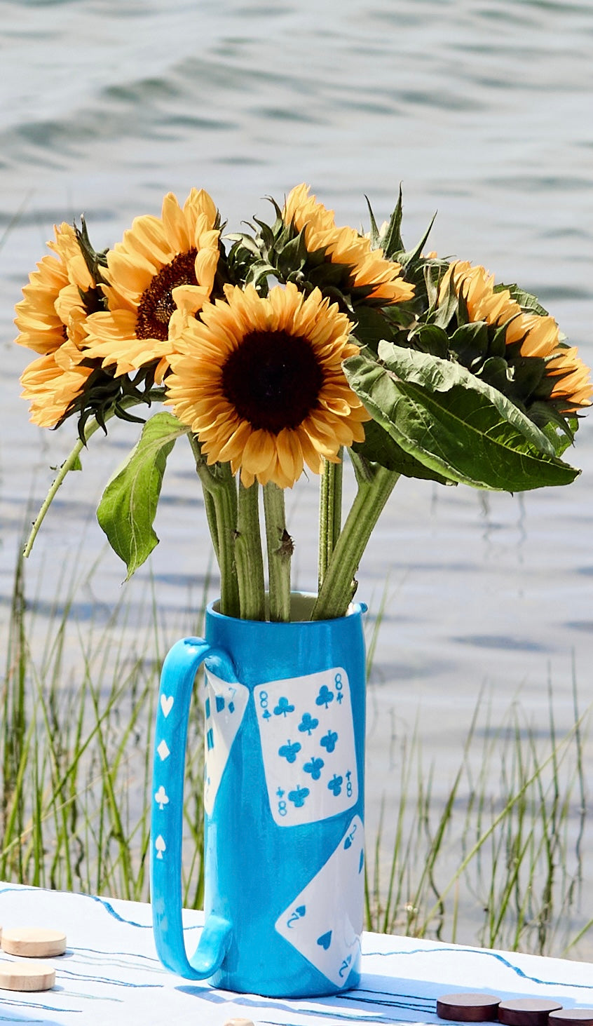 Card Carafe - ceramic blue vase with sunflowers