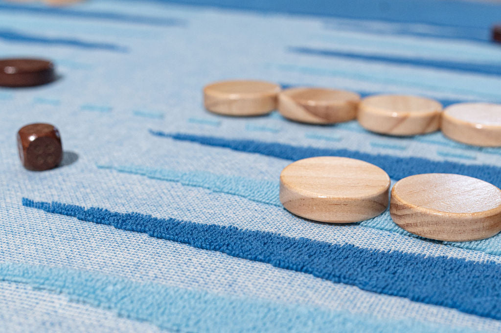 Detailed close up of wood pieces on the Beach Board, showing the unique flat weave approach used to make the terry towels