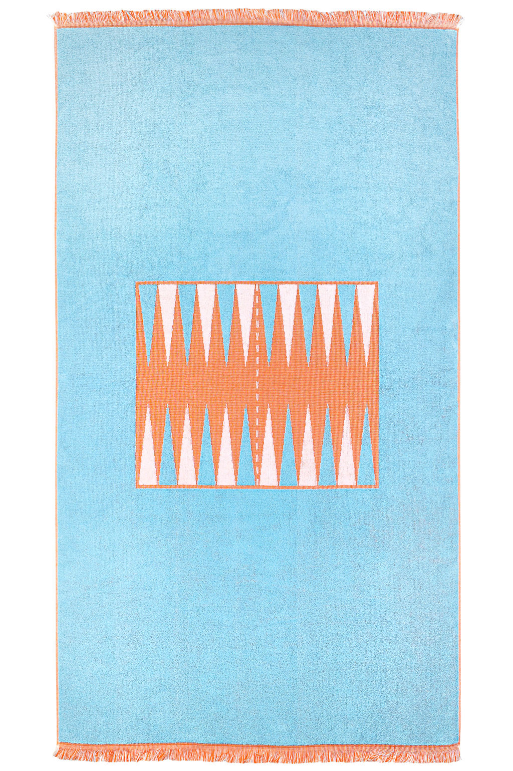 Full head on photograph of The Beach Board, blue and orange backgammon board woven into thick terry cloth with fringe border