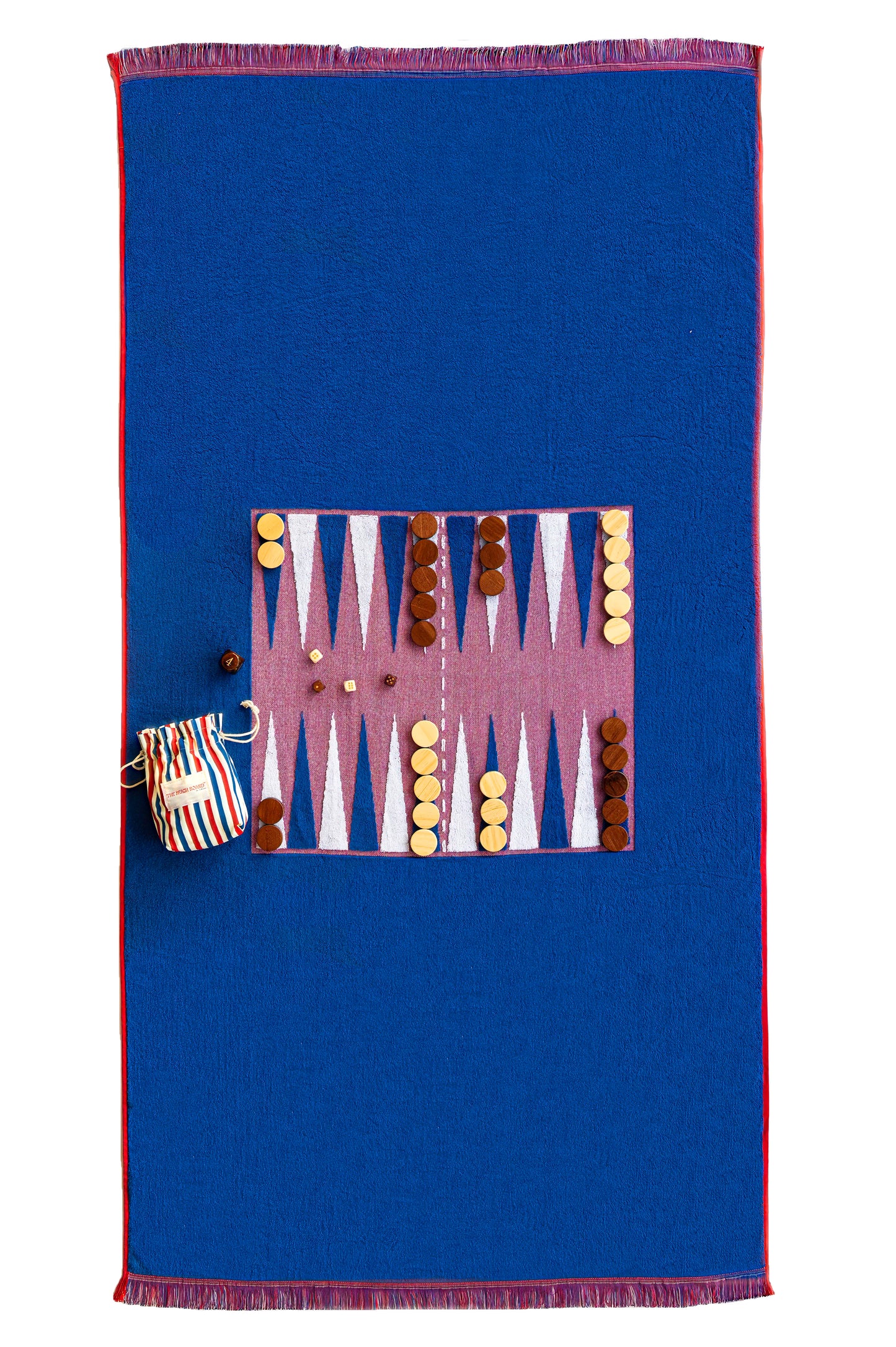 The Beach Board set for a game of backgammon - red white and blue