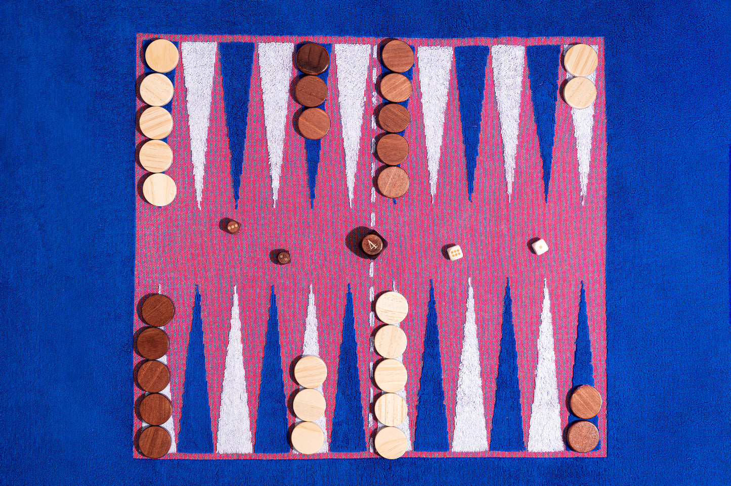 Beach Board set for backgammon with wood pieces and dice - close up